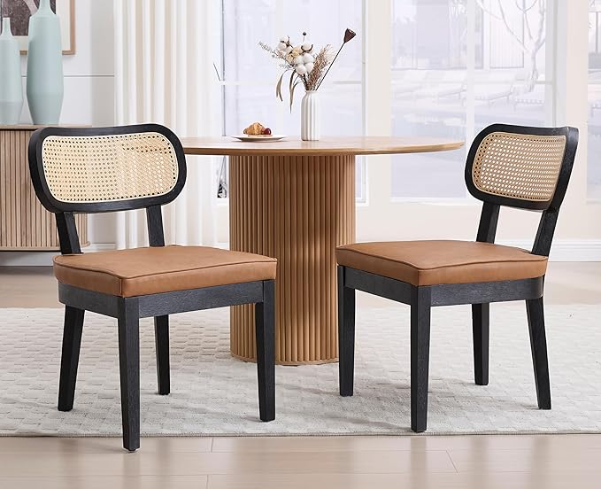 Mid Century Modern Rattan Dining Chairs Set of 2 - Black Wood & Leather