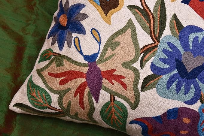 Butterfly Floral Decorative Pillow Cover Moth Botanical Flower Pillowcase Couch Hand Embroidered Flowery Outdoor Cushion Chair Suzani Accent Wool 18x18 Inch