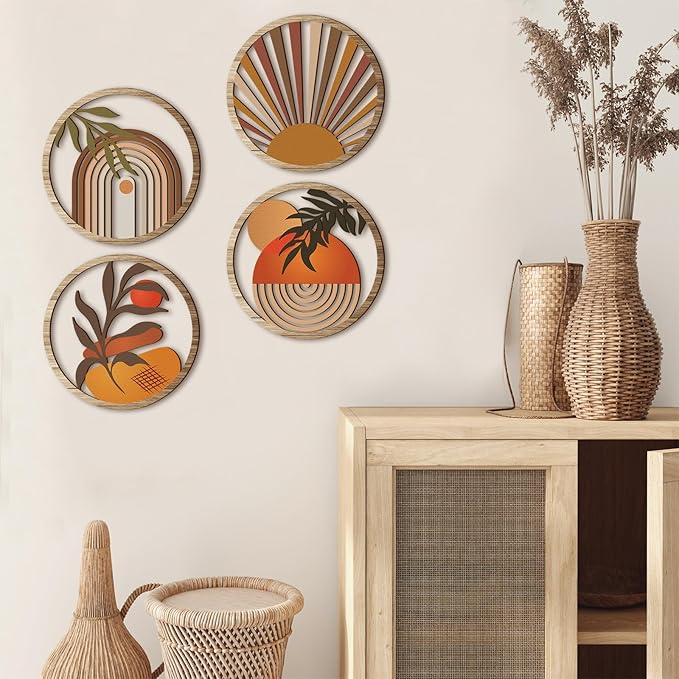 Qunclay 4 Pieces Boho Wall Art Wooden Bohemian Wall Decor Hanging Art Nursery Decor Farmhouse Geometric Hanging 10 Inch Aesthetic Wood Minimalist for Apartment Bedroom(Stylish)