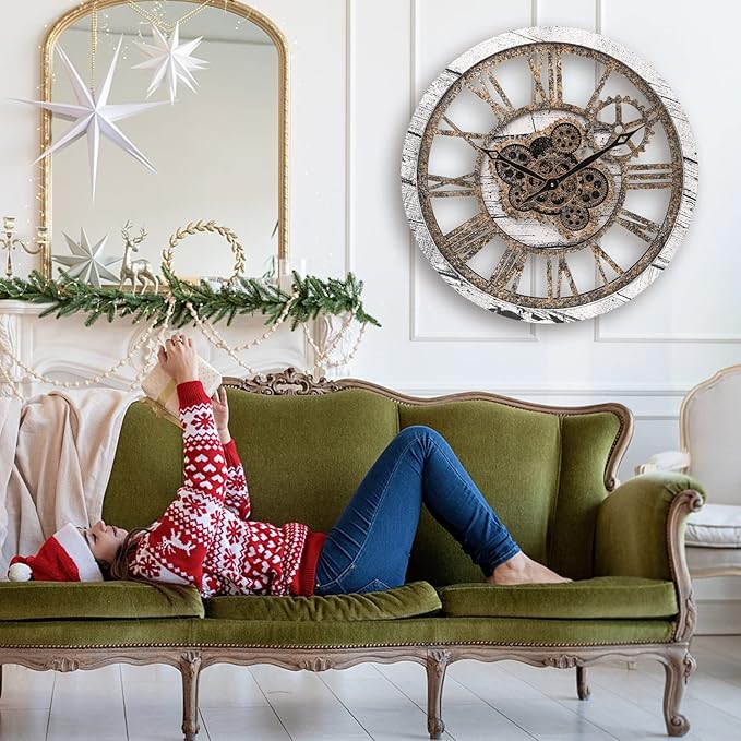 HOIBAI Large Wall Clock, 20 Inch Wall Clocks for Living Room Decor Farmhouse Vintage Rustic Kitchen Wall Decor Vintage Roman Big Oversized Wall Clock for Home Bedroom House Office, Moving Gears Clock