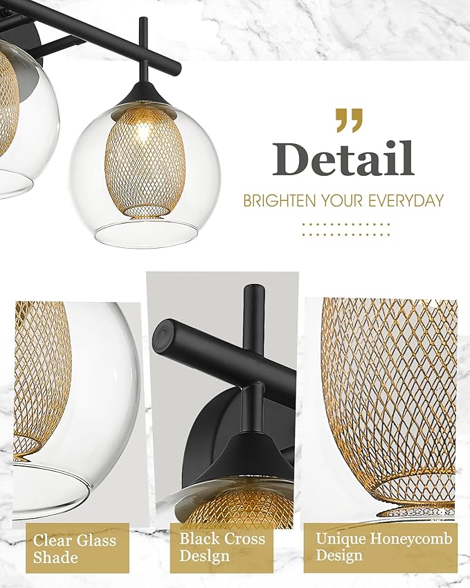 Bathroom Light Fixtures, 3-Light Black and Gold Vanity Lights Over Mirror, Farmhouse Wall Sconce Lighting with Clear Glass and Honeycomb Metal Shade, AD-22001-3W-BK