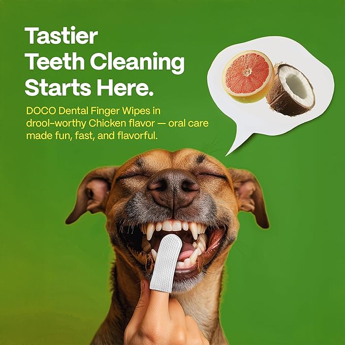DOCO Dog Teeth Cleaning Wipes Dental Finger Wipes for Cats & Dogs Remove Plaque & Tartar, Freshen Breath, No Rinse, Easy Pet Tooth Cleaning Kit for Oral Care, Coconut & Grapefruit Flavor, 50 Count