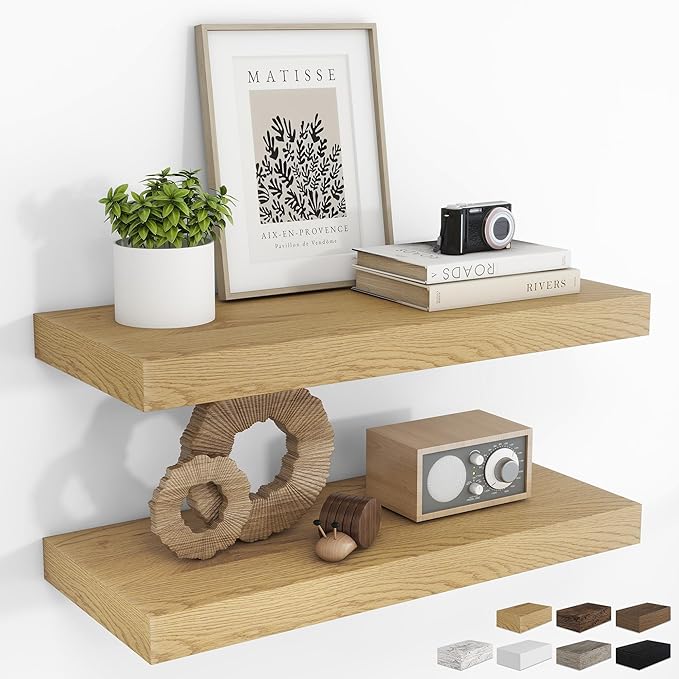RICHFOCUS 24Inch Floating Shelves for Wall 2 Pack Shelves for Bedroom|Kitchen|Bathroom Wall Mounted Rustic Wood Floating Shelf with Invisible Brackets for Books|Storage|Decor, Oak