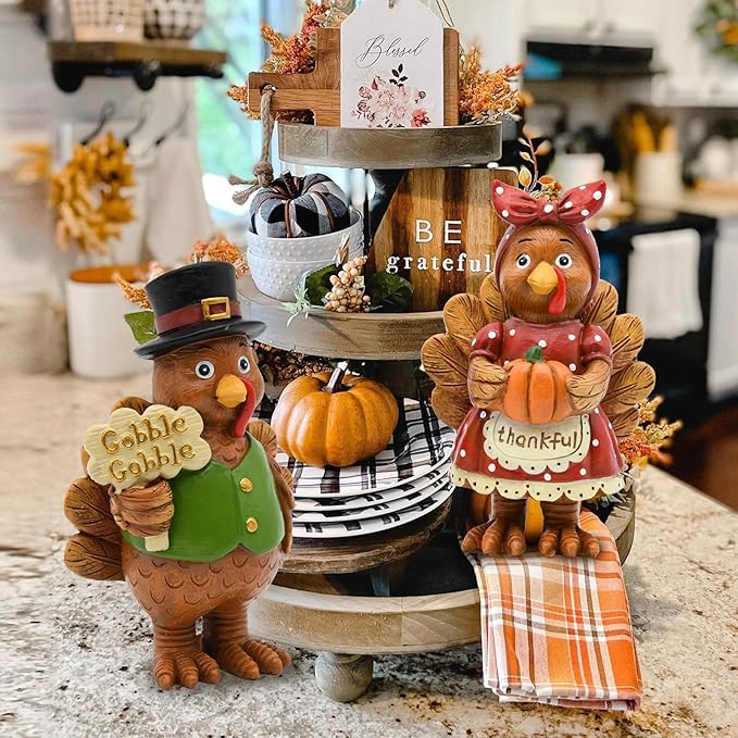 Thanksgiving Turkey Decor - 2Packs Resin Turkey Couple Standing Figurines Thanksgiving Decorations- Fall Decor Indoor for Tables Centerpieces Harvest Farmhouse Kitchen