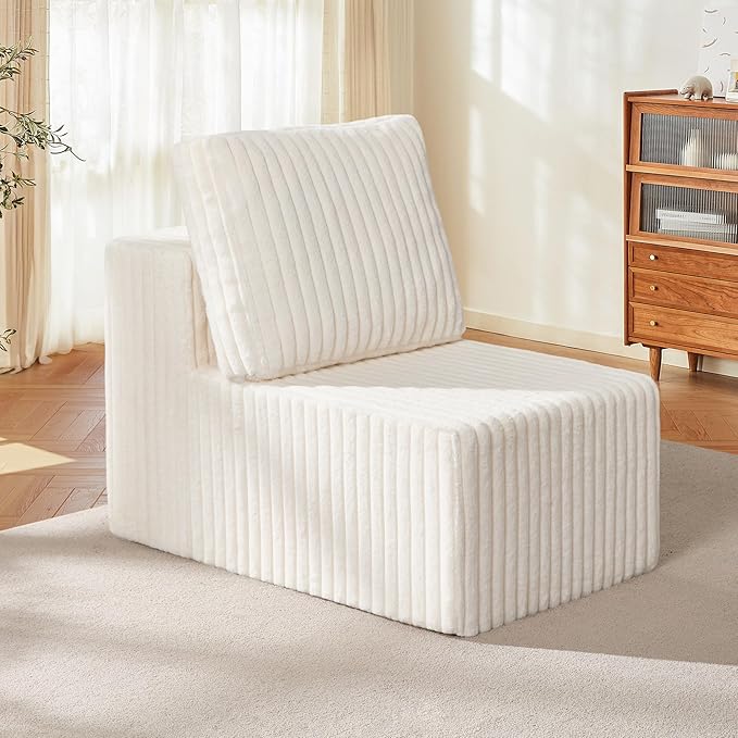 Single Sofa 1 Seat Couch with Deep Seat Memory Foam Cloud Chair with Pillows Large Sofa with L Shape for Living Room Bedroom (Strip White, Single)