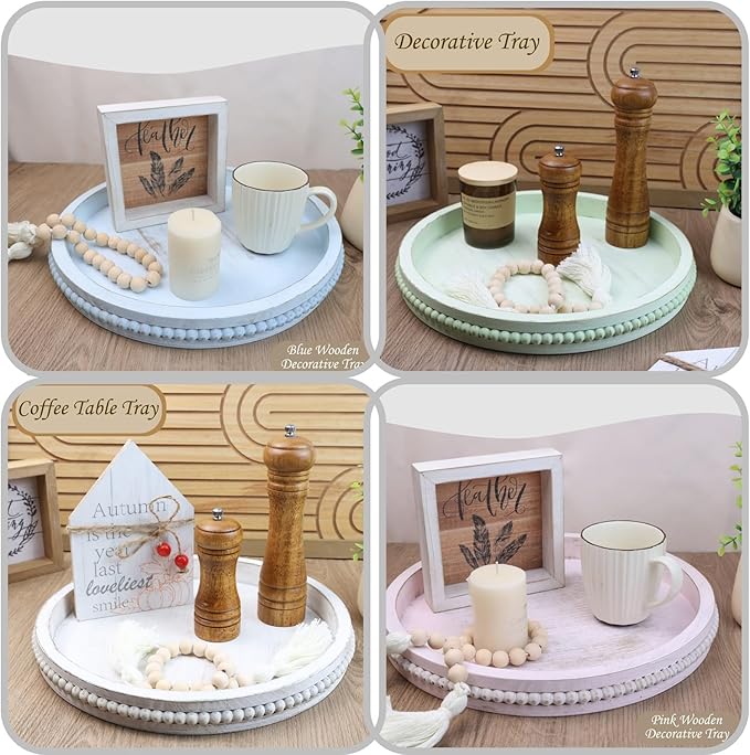 Round Burnt Wood Serving Tray with Beads, Wooden Decorative Tray for Entertaining, Decoration, and Gifting,