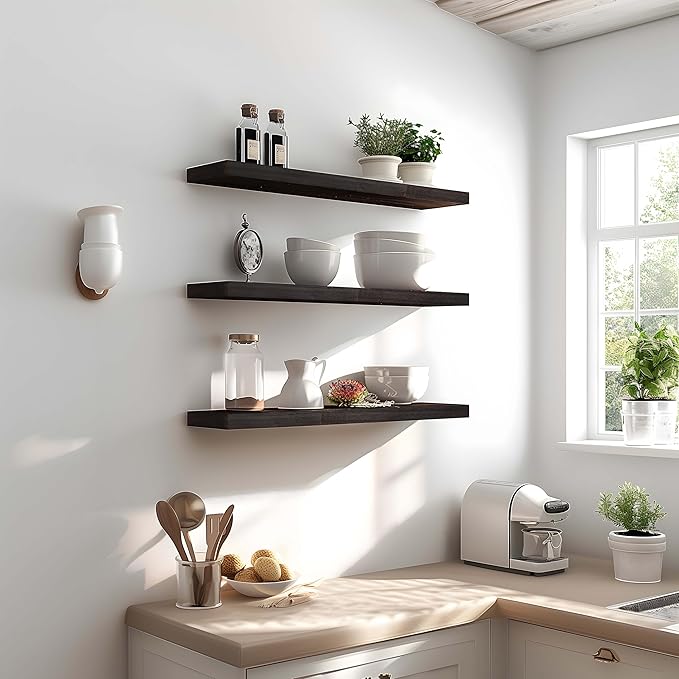 24 Inch Floating Shelves for Wall Rustic Brown Wood Wall Shelves for Bedroom Set of 4