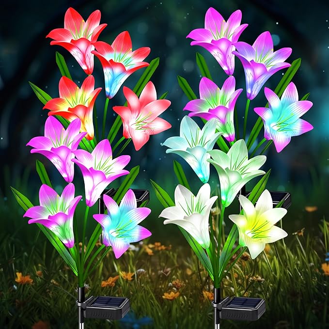 Solar Lights Outdoor Waterproof, 4 Pack Garden Decor Lights, 16 Multi-Color Changing Lily Solar Flowers for Yard Patio Pathway Decor, Gifts for Women Mom (4 Pack)