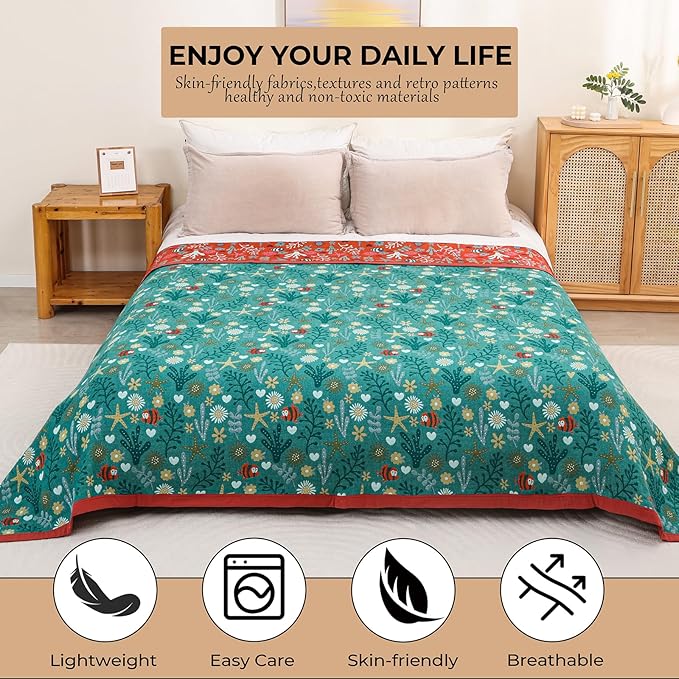 Boho Throw Blanket 80''x90'',100% Cotton Blankets for Couch Bed,Cotton Quilt Travel Muslin Blankets Farmhouse Home Decor Soft Lightweight Picnic Blanket