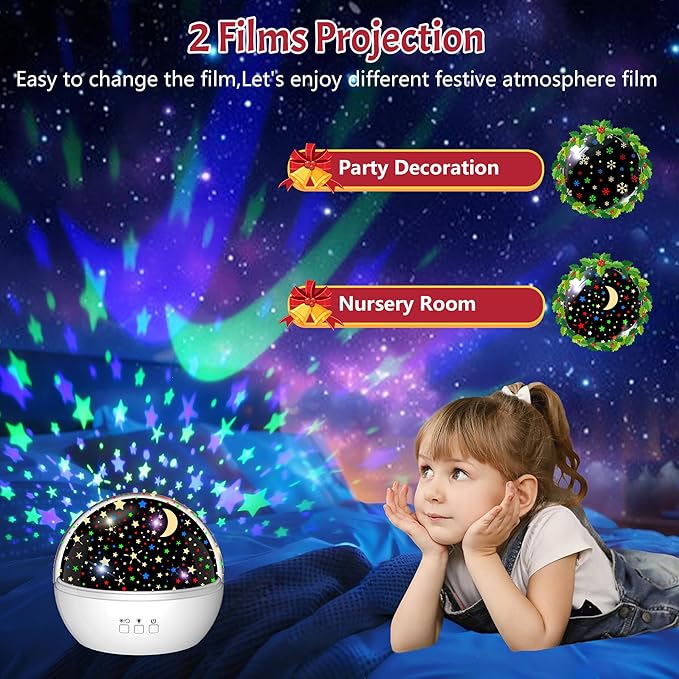 Star Projector Night Light for Kids, Baby Night Lights with Snowflake & Starry Theme, 360 Degree Rotation, 15 Mode Color Changing, Birthday Gift Toys