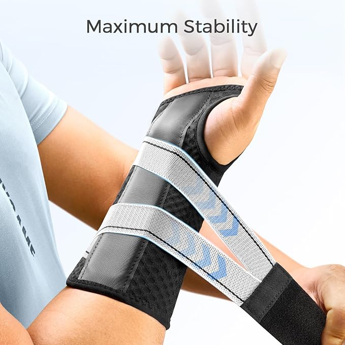 FREETOO Carpal Tunnel Wrist Brace Night Support Fit Right Hand for Work, Pain Relief Wrist Splint for Tendonitis, Arthritis, Sprain, Fit Women and Men, Wrist Immobilizer for Sleeping (S/M, Black/Grey)