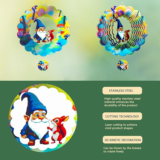 Gnomes Hanging Wind Spinners,12 Inch 3D Garden Spinner Kinetic Art Garden Decorations，Stainless Steel Reflective Wind Spinners for Yard