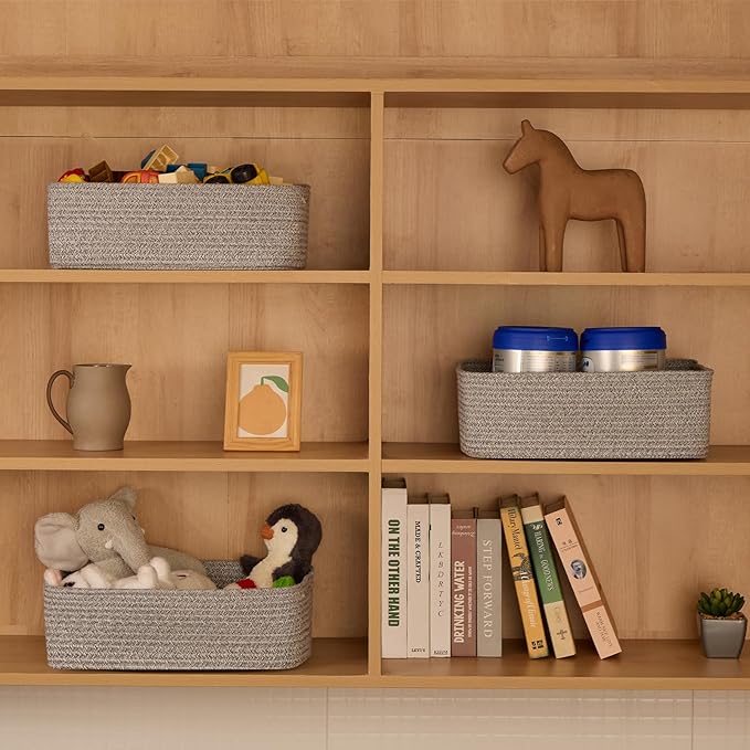 Large Shallow Organizing Baskets 15x11x5.1 Inches - Rope Woven Storage Bins for Bathroom, Shelves, Cube Closet, Mixed Grey 2 Packs