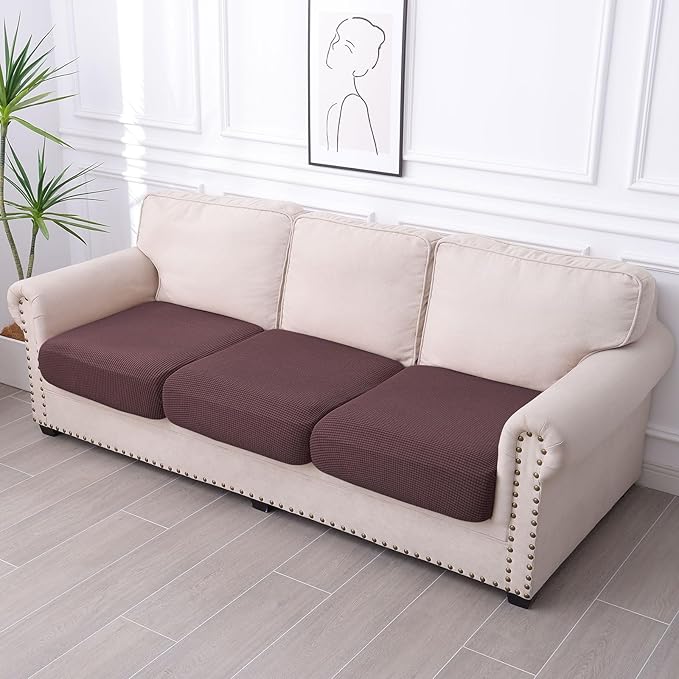 hyha Waterproof Couch Cushion Covers for Pets, Non Slip Sofa Seat Cover for Dogs Washable, Soft Thick Stretch Jacquard Fabric, Sofa Slipcovers with Elastic Bottom (3 Pieces, Chocolate)