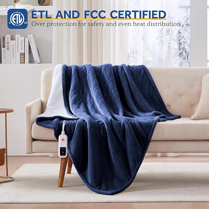 Sealy Electric Blanket Throw Size 50"*60",Super Cozy Flannel to Sherpa Reversible Heated Blanket Throw with 6 Heating Levels & 2-10 Hours Auto Off Overheating Protection Machine Washable,Navy