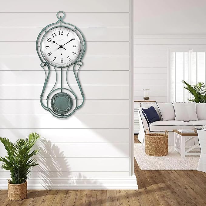 CLXEAST 20 Inch Metal Pendulum Wall Clock Battery Operated,Large Schoolhouse Wall Clocks for Living Room Decor,Antique Aged Teal Green Finish,House Warming Gifts New Home