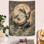 Lunerfex Moonlit Banjo Frog Wall Tapestry, Whimsical Amphibian Musician Tapestries for Room Decor, Folk Art Tapestry 44L x 60W