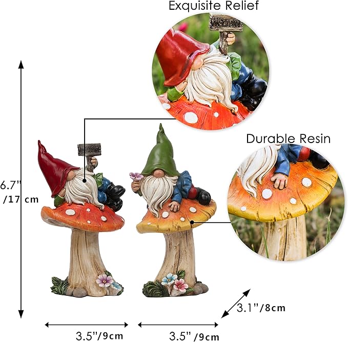 TERESA'S COLLECTIONS Resin Statues for Yard, Set of 2 Cute Garden Gnomes on Mushroom Statues for Outdoor Patio Porch Lawn, Ideal Gift for Dad Mom Birthday, Outside Decor Housewarming Gifts, 6.7"