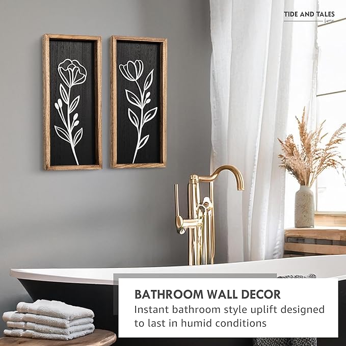 3D Vintage Black Living Room Decor (Set of 2) Lightweight, Wooden Ready-to-Hang Framed Moody Floral Wall Art for Bathroom, Bedroom or Office - Dark Textured Boho Farmhouse Wall Decor - Gift-Boxed