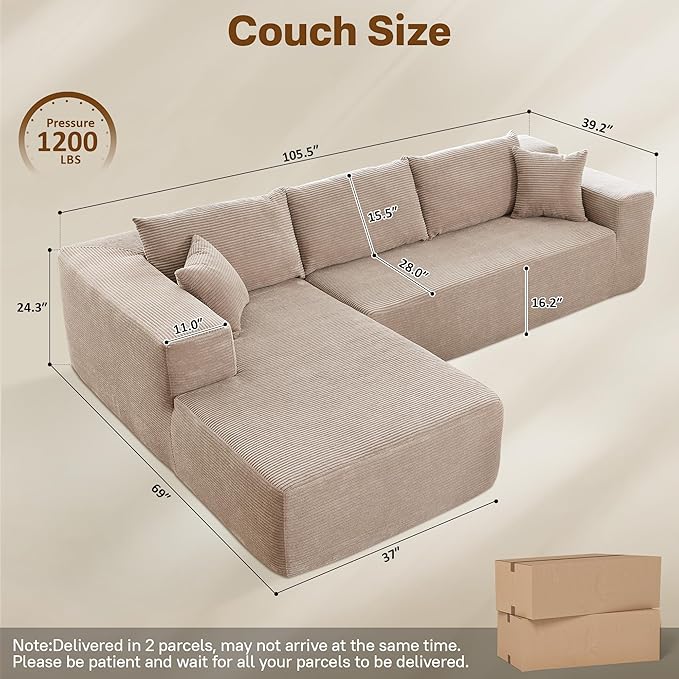 104" Cloud Sectional Couches for Living Room,L Shaped Boneless Couch in A Box,Sleeper Sofa with Comfy Chaise No Assembly Required,Camel