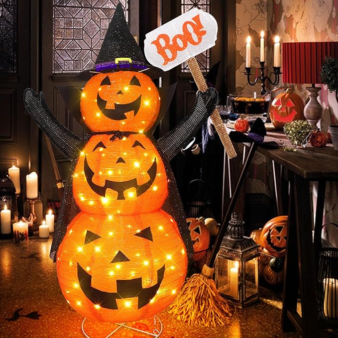 Halloween Decoration 4.3FT Retractable Jack-O-Lantern, 100 LED Collapsible Pumpkin Lantern with Black Star Hat, Plug in Halloween Lights with Stand for Indoor Outdoor Lawn Backyard Garden Decor