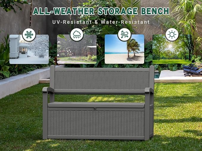 70 Gallon Outdoor Storage Bench Deck Box Lockable for Patio Furniture, Outdoor Porch Bench with Storage Waterproof for Cushions, Garden Tools and Pool Supplies, Grey