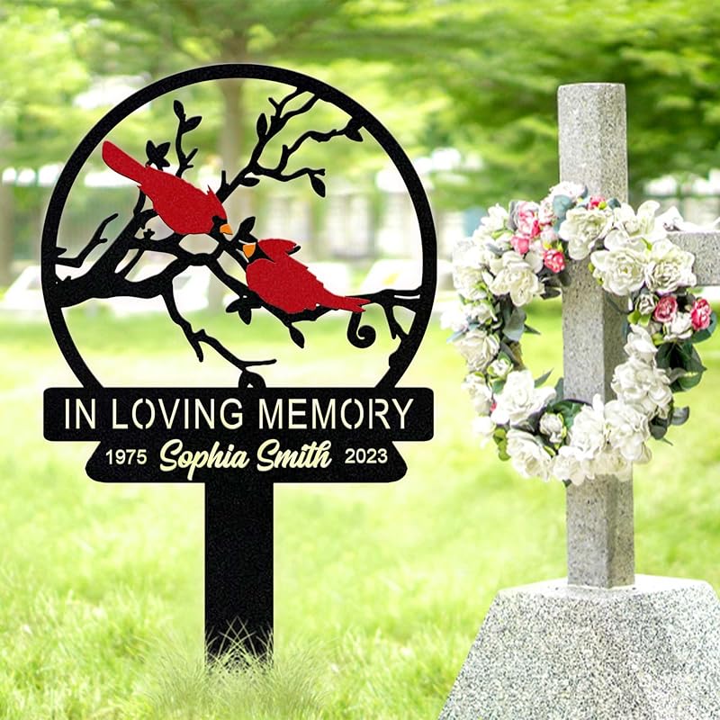 Personalized Cemetery Memorial Metal Stakes, Cardinals Memorial Grave Markers,Graden Decorations for Loss of Mother Father, Outdoor Sympathy Decor Gift