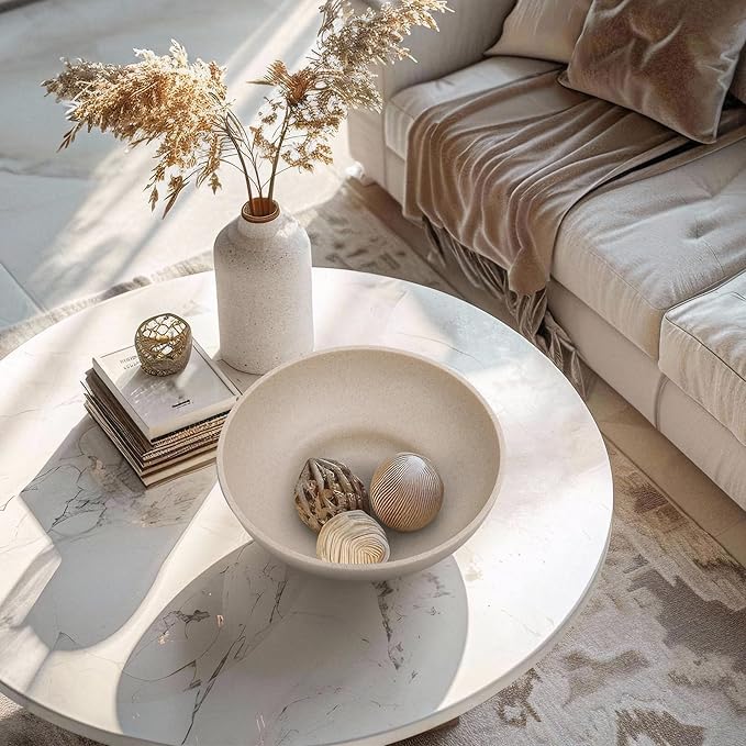 Large Decorative Bowl, Modern Handicraft Resin Bowls for Home Decor, Decorative Fruit Bowl for Kitchen Counter, Stylish Key Bowl for Entry Table, Artificial Stone Resin Beige