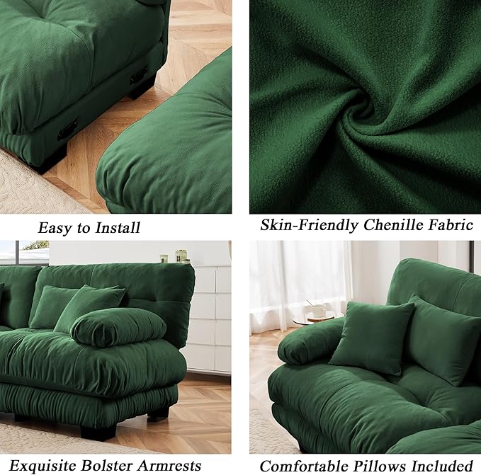 Modular Sectional Sofa, Comfy Cloud Couch Oversized Loveseat, Sectional Couches for Living Room, Modern Chenille Couch for Bedroom, Sleeper Deep Seat Sofa with Throw Pillows, Green