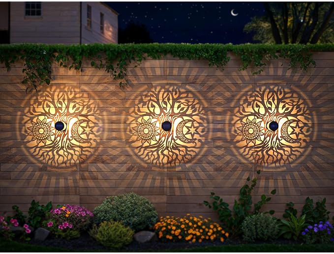 4 Pack Large Solar Fence Lights Metal Solar Powered Outdoor Wall Deck Step Lights Tree Theme Waterproof Fence Light for Garden Post Patio Backyard Yard Decor, Gardening Gifts for Women Mom Grandma