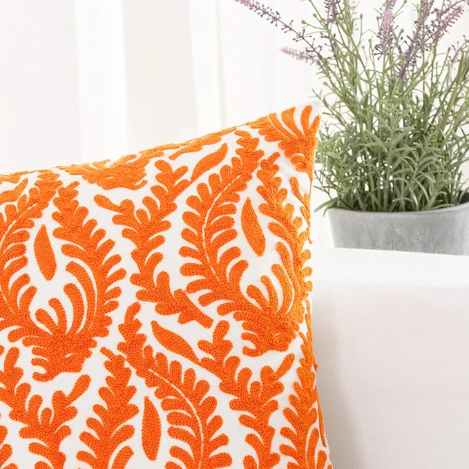 HWY 50 Orange Fall Decorative Throw Pillow Covers 18x18 Inch (1 Piece), Embroidered Cotton Farmhouse Cushion Cover Pillow Case for Sofa Couch Living Room Bed Bedroon, Floral Branches