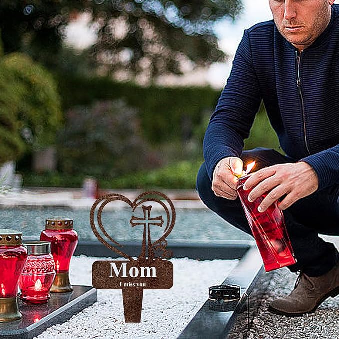 Mom Memorial Grave Stake, Cemetery Decorations for Grave Markers 12.5 x 7.2 inch Heart Metal Sympathy Stakes Graveside Plaque Decor Sign for Mother Graves, Yard, Garden - Rust-Mom