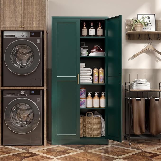 Kitchen Pantry Cabinet,71”Green Metal Pantry Storage Cabinets with Doors and 4 Adjustable Shelves,Kitchen Cabinet with 2 Gold Handles,Tall Cabinet for Livingroom, Bathroom