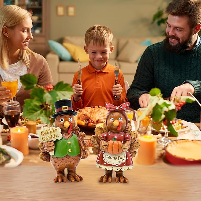 Thanksgiving Turkey Decor - 2Packs Resin Turkey Couple Standing Figurines Thanksgiving Decorations- Fall Decor Indoor for Tables Centerpieces Harvest Farmhouse Kitchen