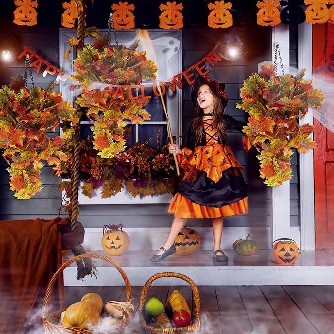 RECUTMS 2pcs Artificial Hanging Maple Leaves Plants Fake Fall Vines Plants Faux Autumn Hanging Fall Artificial Mums for Indoor Outdoor Thanksgiving Party Wedding Home Wall Door Decor(Green Yellow)