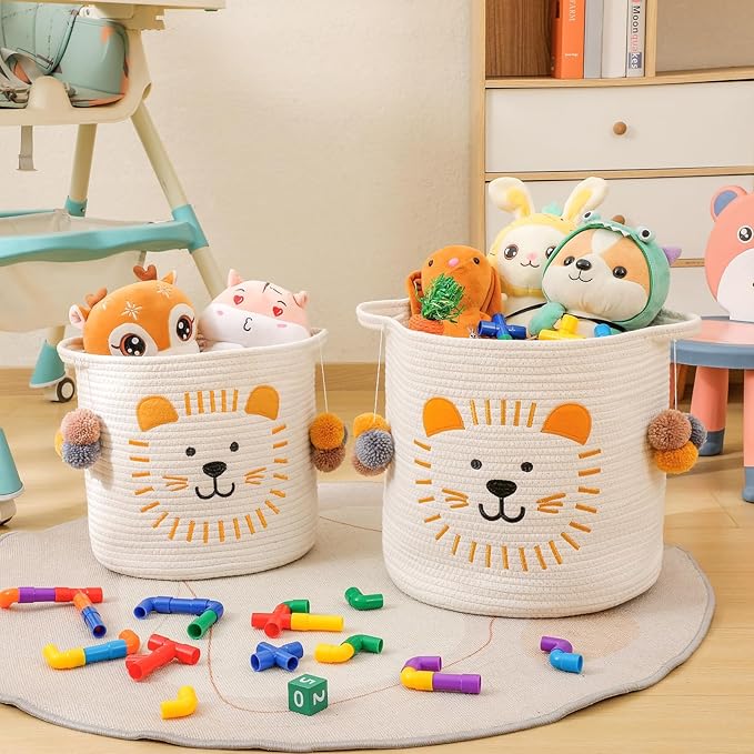 Large Blanket Baskets for Living Room Decor, Toy Storage Baskets Woven Cotton Rope Animal Storage Basket for Kids, Dog Toys Organizer Clothes Hamper with Embroidery Decor for Nursery (Large, Lion)