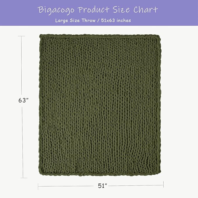 Bigacogo Chunky Knit Throw Blanket for Couch, 51x63 inches, 100% Hand Knitted with Thick Jumbo Chenille Yarn, Cozy Soft Large Rope Knot Cable Crochet Blankets for Sofa Bed Living Room, Yellow Green