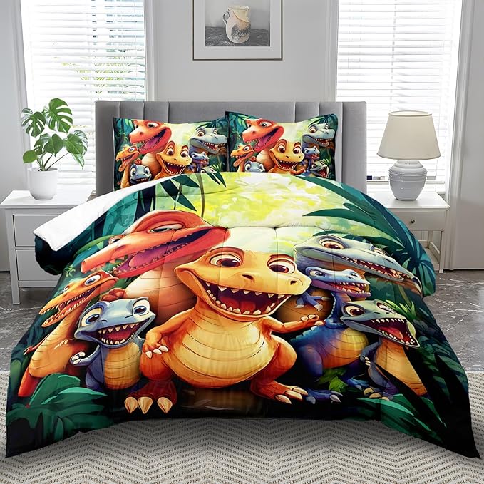 Dinosaur Comforter Set Queen Boys,Cartoon 3D Dinosaur Bedding Set Queen Bed Kids,3D Dragon Comforter Dragon Quilt Pattern Bedroom Decor,Cute Animal Bedding Kawaii Animal Quilt Girls