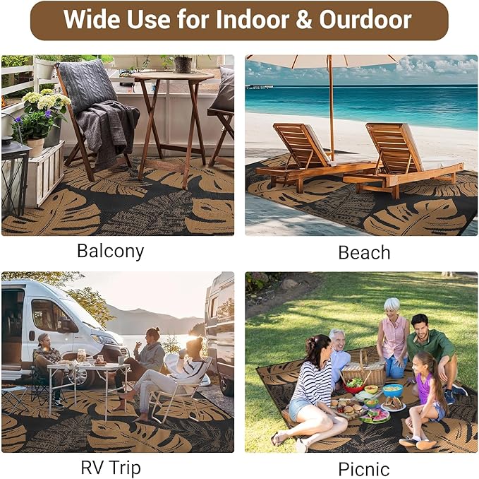 GAOMON Outdoor Patio Rug 9x18 Waterproof Outdoor Plastic Straw Rug Reversible Camping Mat, Foldable Portable RV Picnic Carpet with Bag & 4 Stakes, UV Resistant Outside Carpet for Deck Balcony, Brown