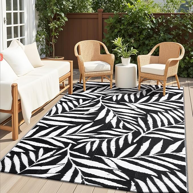 OLANLY Waterproof Outdoor Rug 5x8 ft, Reversible Outdoor Plastic Straw Rug with Leaf Pattern, RV Mat, Indoor Outdoor Carpet for Patio, Camping, Balcony, Deck, Backyard, Black & White