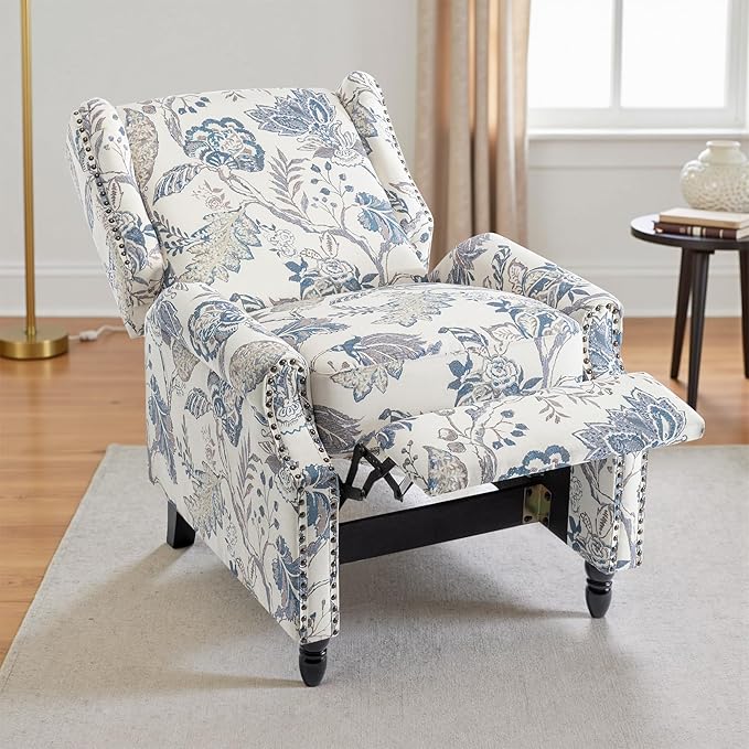 UIXE Pushback Recliner Chair, Push Back Accent Chair Fabric Upholstered Armchair for Living Room, Rivet Trim Home Theater Single Sofa Bedroom Reading Seat - Blue Plants
