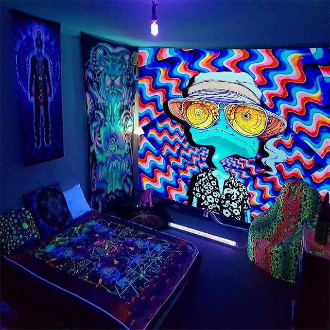 ADDWel Blacklight Frog Tapestry, Hippie Alien Tapestry Glow In The Dark, UV Reactive Black Light Upright Posters Wall Hanging for Bedroom Dorm Living Room Backdrop Decor