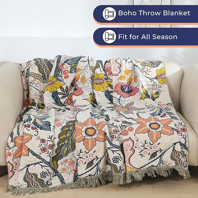 Boho Cotton Throw Blanket - Ultra-Soft Rustic Quilt for Bed, Home Decor & Travel - Large 60"x80" Muslin Blanket - All-Season Lightweight Bedspread & Throw for Women & Moms