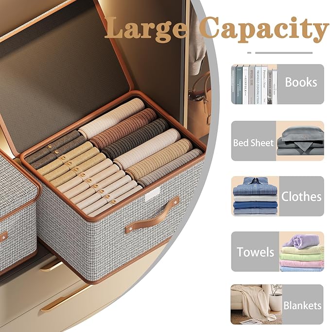 Tuza 2 Pack Storage Bins with Lids, Collapsible Closet Organizer Container, Fabric Organizer Box with Handles, Decorative Storage Boxes with Lids for Organizing Clothes, Blanket, Light Grey, Medium