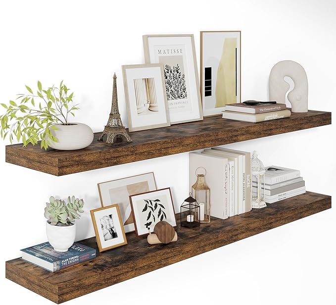 12" Deep Floating Shelves for Wall 48 Inches Long, Heavy Duty Wall Shelves for Bedroom Bathroom Kitchen Laundry Room, Farmhouse Rustic Shelves for Home Decor, 48" X 12" X 2" Set Of 2, Rustic Brown