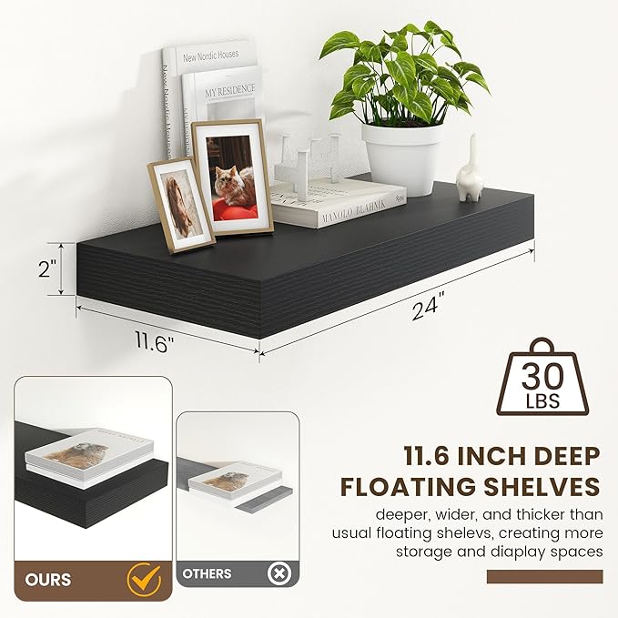 Deep Floating Shelves for Wall | 24 Inch Wide x 12 Inch Deep Black Floating Shelves | 24W x 12D Rustic Wood Wide Wall Shelves | Bookshelf Laundry Shelf TV Shelf
