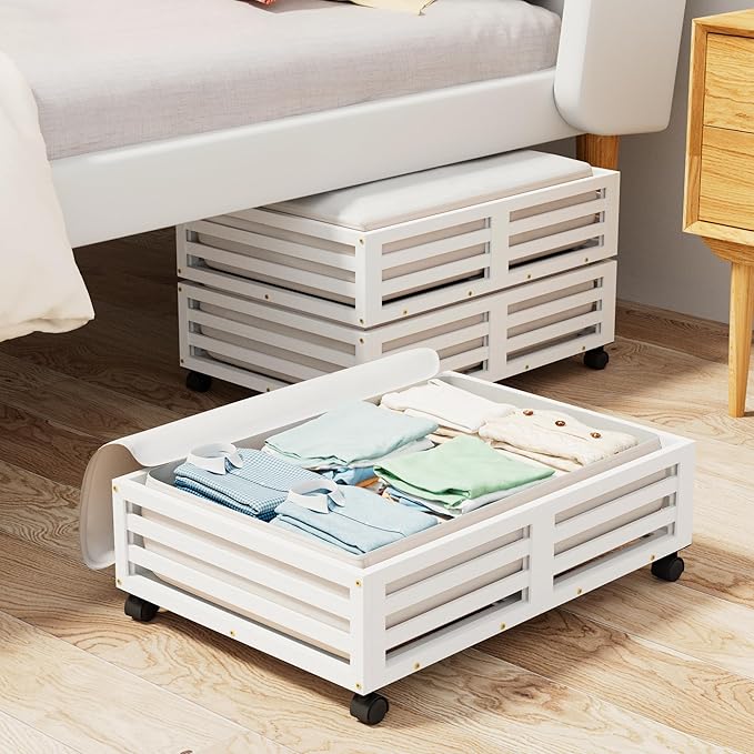 Bamboo Under Bed Storage Containers- Underbed Organizer with Wheels with Large Dust Bag,Sturdy Wood Rolling Under the Bed Shoe Storage Organizer Drawer 2 Packs (White, Small)