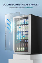 EUHOMY Beverage Refrigerator and Cooler, 128 Can Mini fridge with Glass Door, Small Refrigerator with Adjustable Shelves for Soda Beer or Wine, Perfect for Home/Bar/Office, Silver