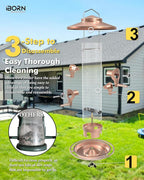 iBorn Bird Feeders for Outdoors, 2LB Metal Bird Feeders 17cm Large Roof &Tray, 4 Feeding Ports, Brushed Copper Finishing