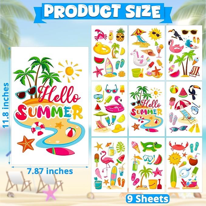 9 Sheets Summer Window Clings, Double Sided Summer Window Clings for Glass Windows, Hello Beach Decals, Sun Watermelon Pattern Stickers for Home Office Accessories Decorations